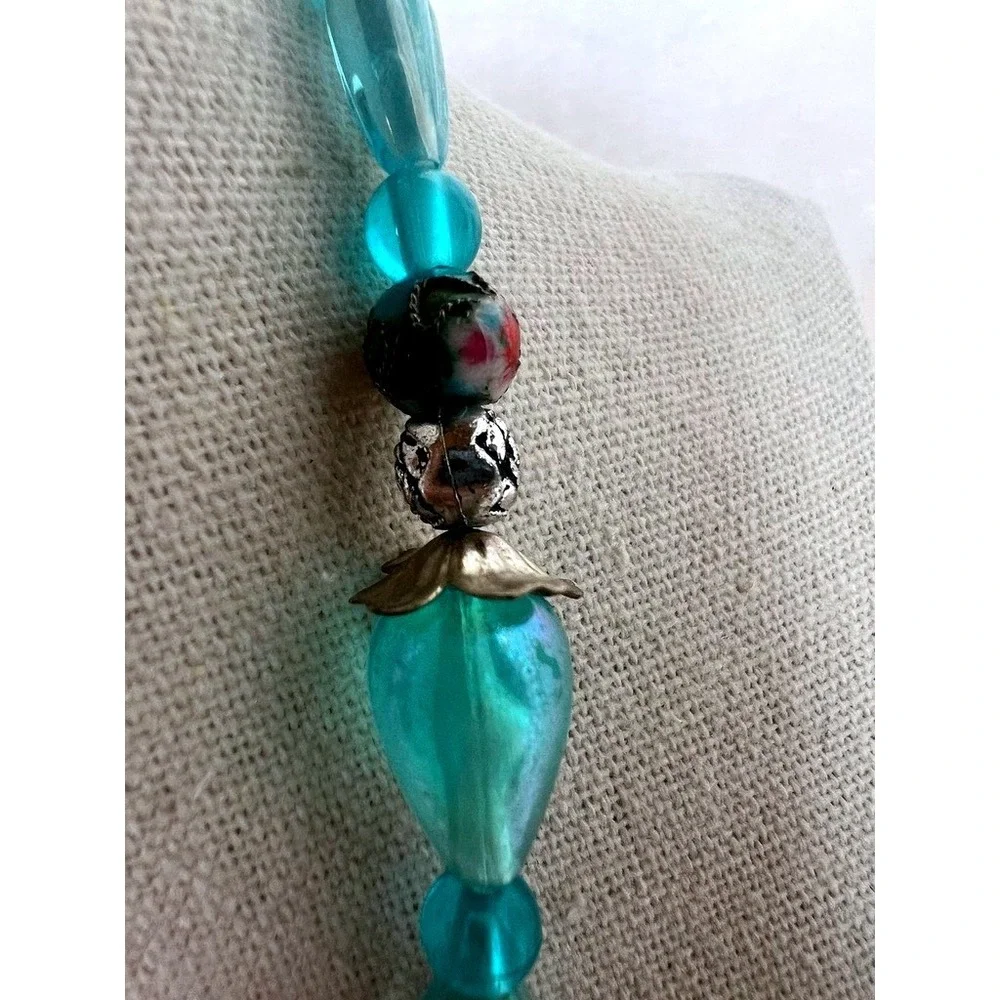 Turquoise Glass Bead Necklace Butterflies Lampwork Foil‎ Artisan 27